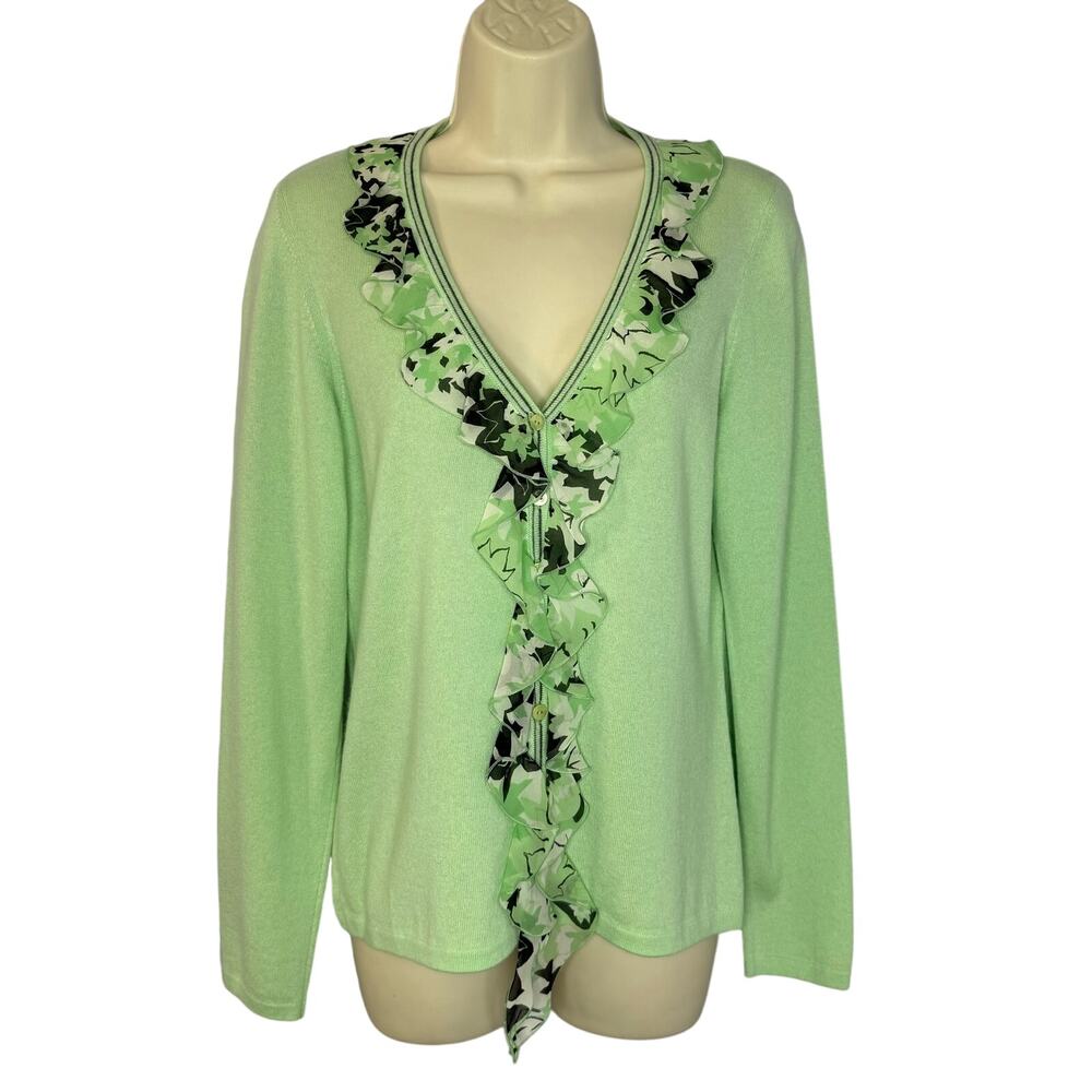 Escada Ruffle Cashmere/Silk Cardigan V Neck Long Sleeve Silk Ruffle Detail S